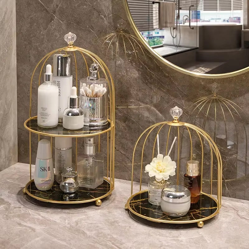 Multi Layer Makeup Organizer In Metal Bird Cage Shape