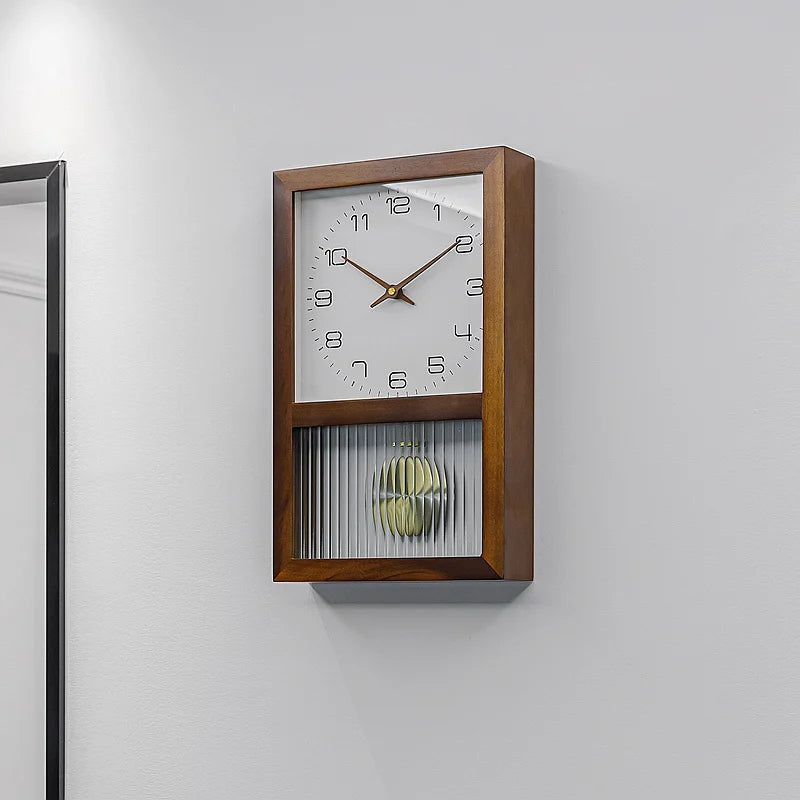 Japanese Natural Wooden Silent Pendulum Clock - Front view showing Sheshum wood frame and gold pendulum, 10x18 inches