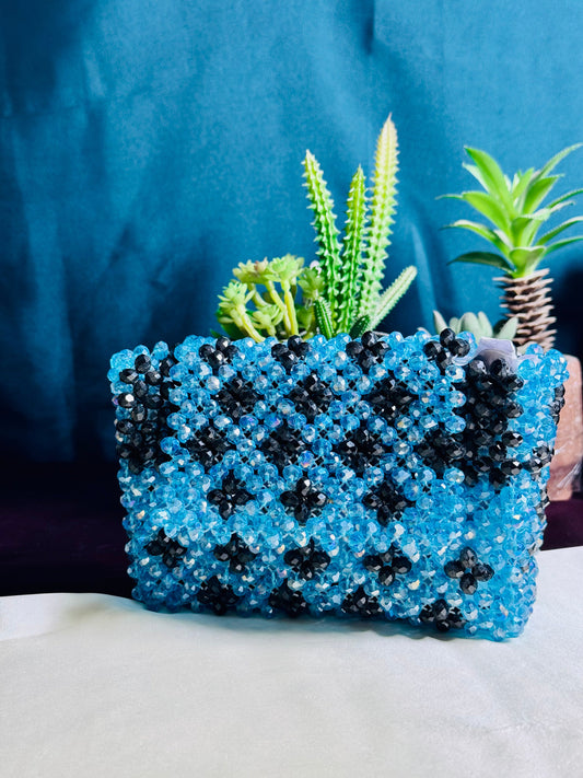 SKY BLUE AND BLACK CRYSTAL STONE HANDMADE BAG