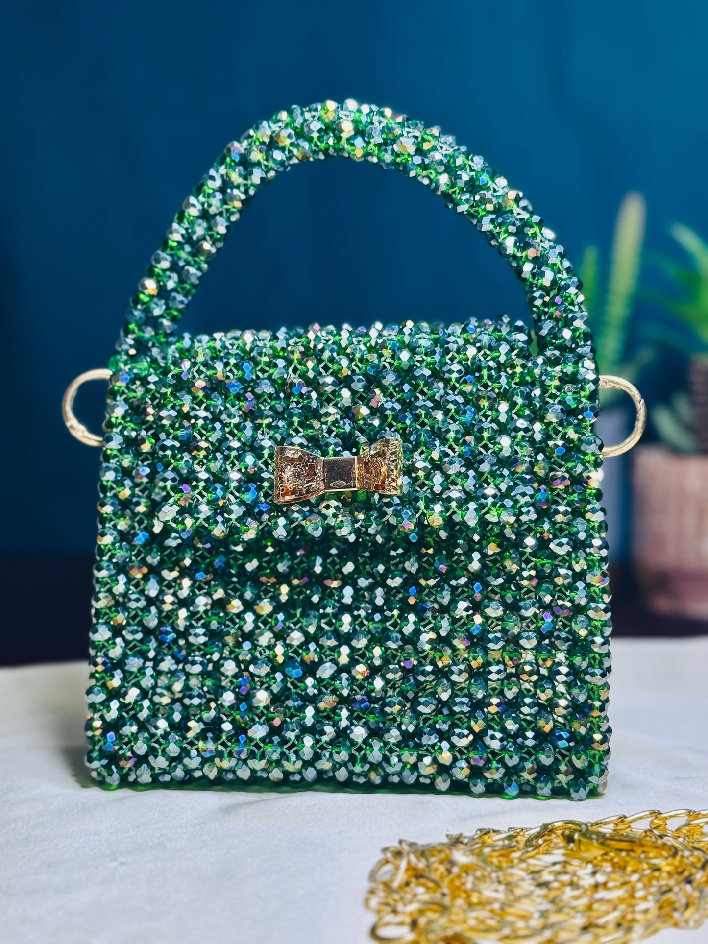 EMERALD COLOR CRYSTAL STONE HANDMADE BAG