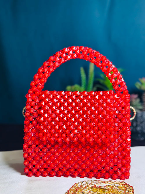 RED CORAL SQUARE SHAPE PLASTIC STONE HANDMADE BAG